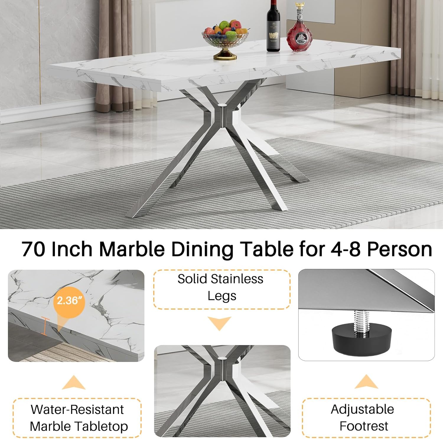 Marble Dining Table for 4 6, 70.8 Inch Rectangular Dining Room Kitchen Tables with Silver Stainless Steel Legs, Modern Luxury Dinner Tables for Kitchen, Living Room, Easy Assembly
