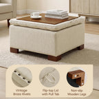 30 Inch Square Storage Ottoman Coffee Table, Modern Tufted Upholstered Ottoman with Flip Tray and Solid Wood Legs, Suitable for Living Rooms, Linen Khaki