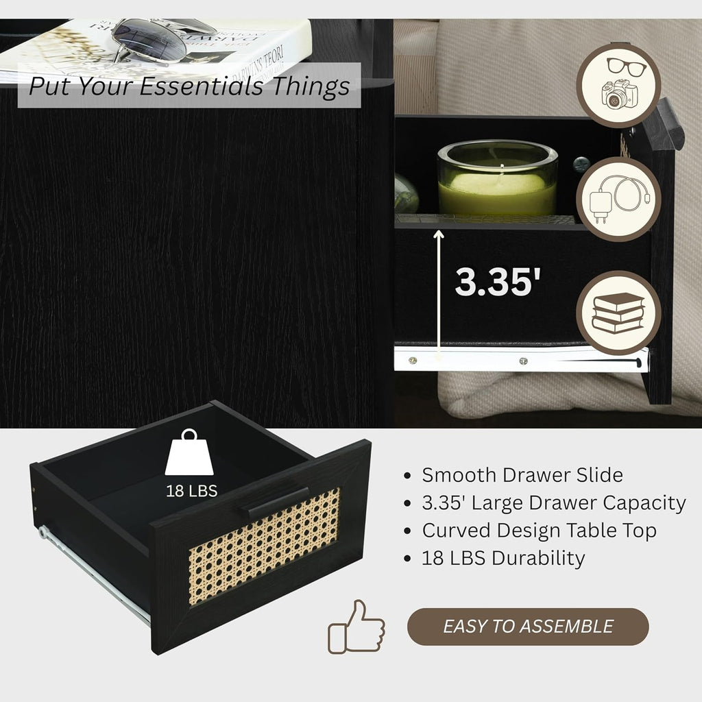 ELISA HOME Rattan-Inspired 2 Drawer Nightstand with Charging Station, Bedside Table with Drawers, Night Stand for Bedroom, End Table or Side Table for Living Room, 15.5" D x 18.9" W x 21.7" H, Black
