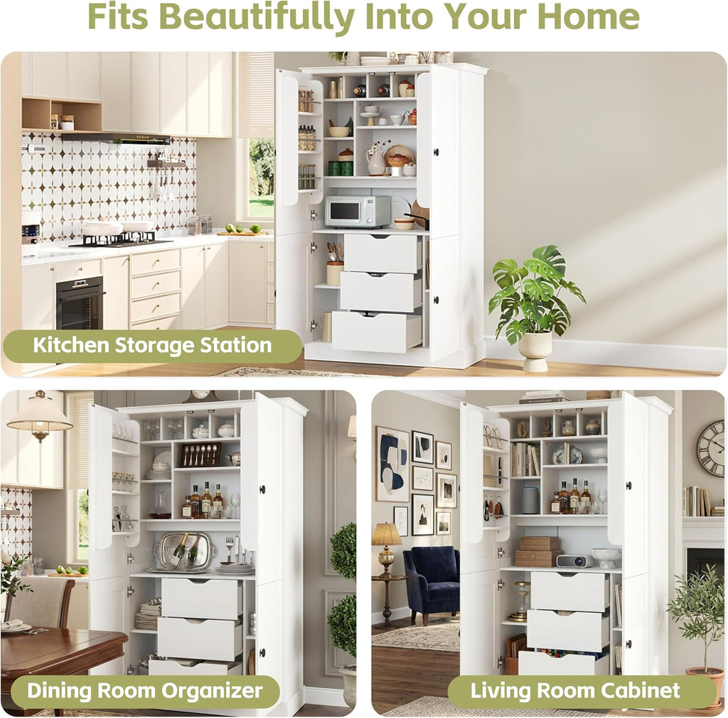 70.9" Tall Kitchen Pantry Cabinet with 4 Doors 3 Drawers 6 Wine Racks & Removable Shelves, Freestanding Storage Cabinets with Built-in Workstation for Kitchen Dining Room Living Room(White)