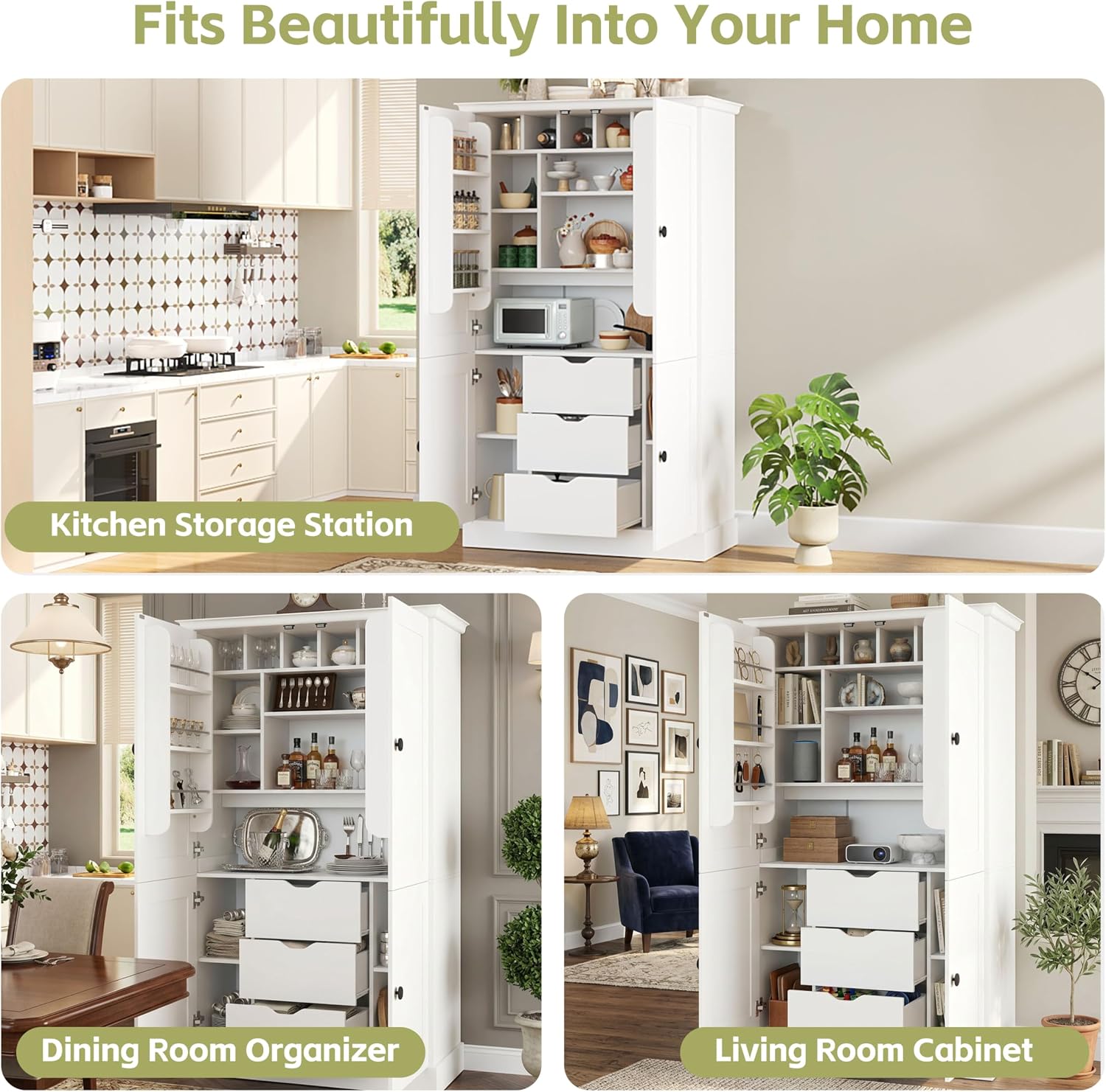 70.9" Tall Kitchen Pantry Cabinet with 4 Doors 3 Drawers 6 Wine Racks & Removable Shelves, Freestanding Storage Cabinets with Built-in Workstation for Kitchen Dining Room Living Room(White)