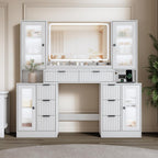 55" Vanity Desk with Mirror & Lights, Fluted Makeup Vanity with 8 Drawers & 4 Cabinets, Tempered Glass Top, RGB Cabinet Lighting, 3-Color Dimmable Mirror, and Charging Station