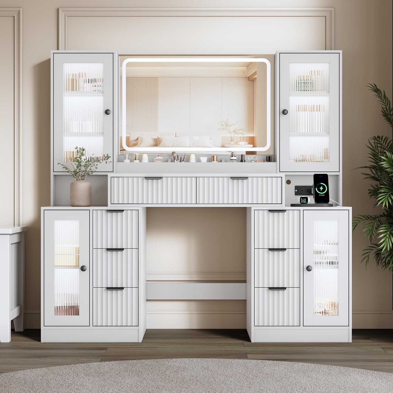 55" Vanity Desk with Mirror & Lights, Fluted Makeup Vanity with 8 Drawers & 4 Cabinets, Tempered Glass Top, RGB Cabinet Lighting, 3-Color Dimmable Mirror, and Charging Station