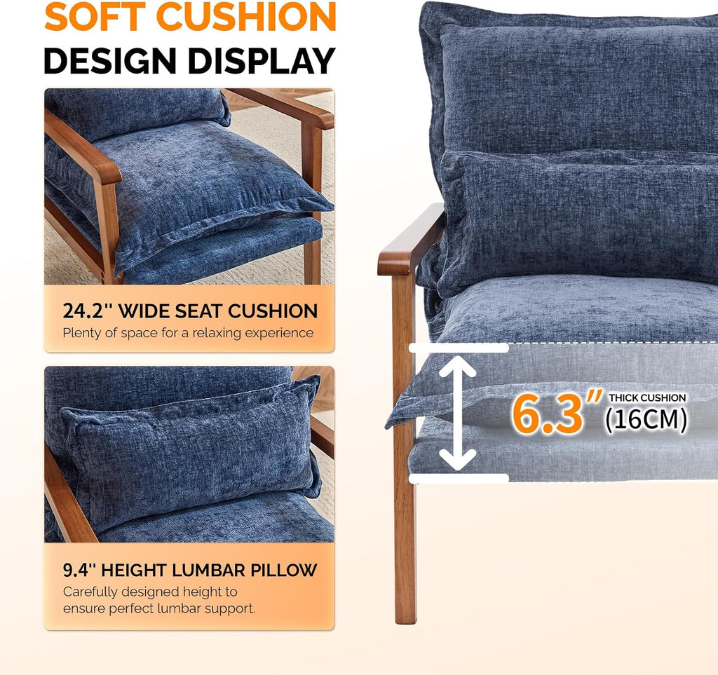 VINGLI Mid-Century Modern Cloud Accent Armchairs set of 2 with Lumbar Pillow, 6.3'' Thick Seat Cushion Reading Chairs with Wooden Armrests, Boho Lounge Chair for Bedroom,Living Room,Chenille,Gray Blue