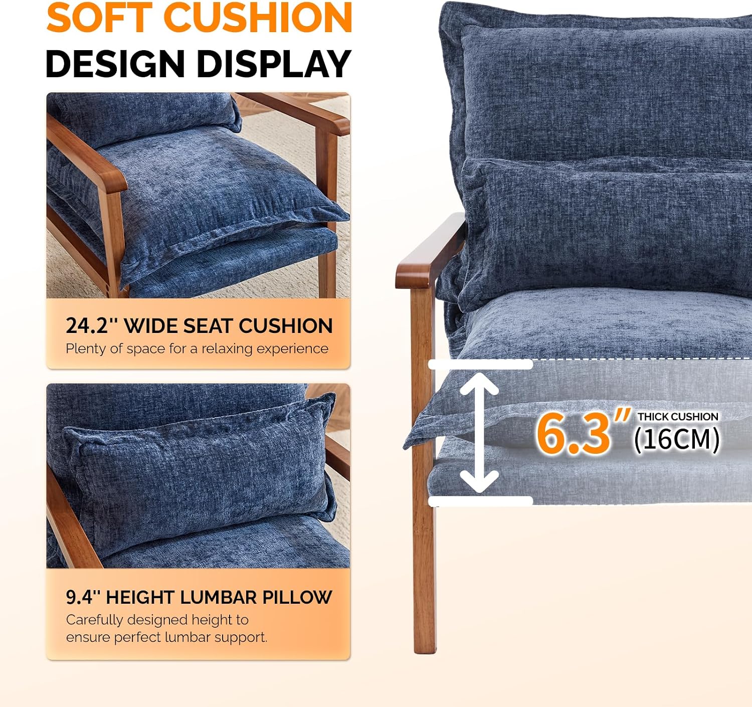 VINGLI Mid-Century Modern Cloud Accent Armchairs set of 2 with Lumbar Pillow, 6.3'' Thick Seat Cushion Reading Chairs with Wooden Armrests, Boho Lounge Chair for Bedroom,Living Room,Chenille,Gray Blue