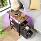 AMHANCIBLE Narrow End Table Living Room with Charging Station, Slim LED Nightstand with Fabric Drawers, Skinny Side Table for Bedroom, Small Spaces, Couch, Rustic Brown, HETN013LBR-1