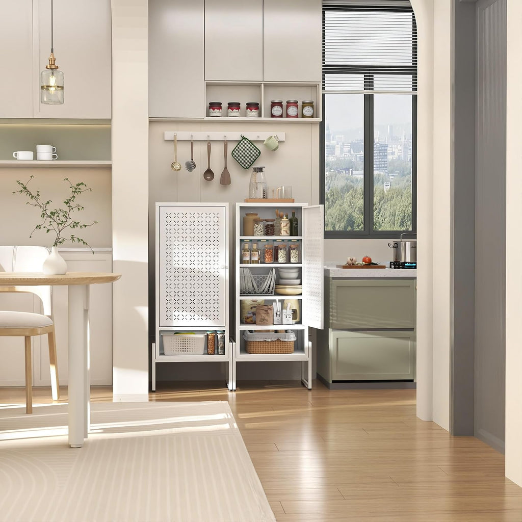 LEYNOT Small Bathroom Storage Cabinet,Metal Pantry Cabinet with Door and Adjustable Shelves,42.51x 16.53x13.77 Cupboard for Kitchen,Living Room,Entryway,Dining Room (Openwork X-Shaped, White)