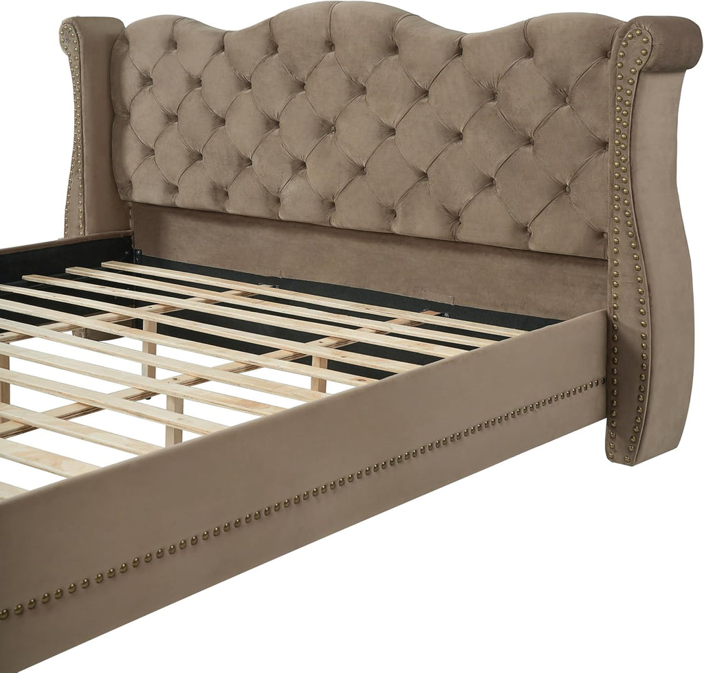 Merax Brown King Size Velvet Upholstered Bed Frame with Thick Tufted Wingback Headboard, Retro Classic Style Platform Bed with Sturdy Wood Slatted Support and Legs, No Box Spring Needed, Bear 700lbs