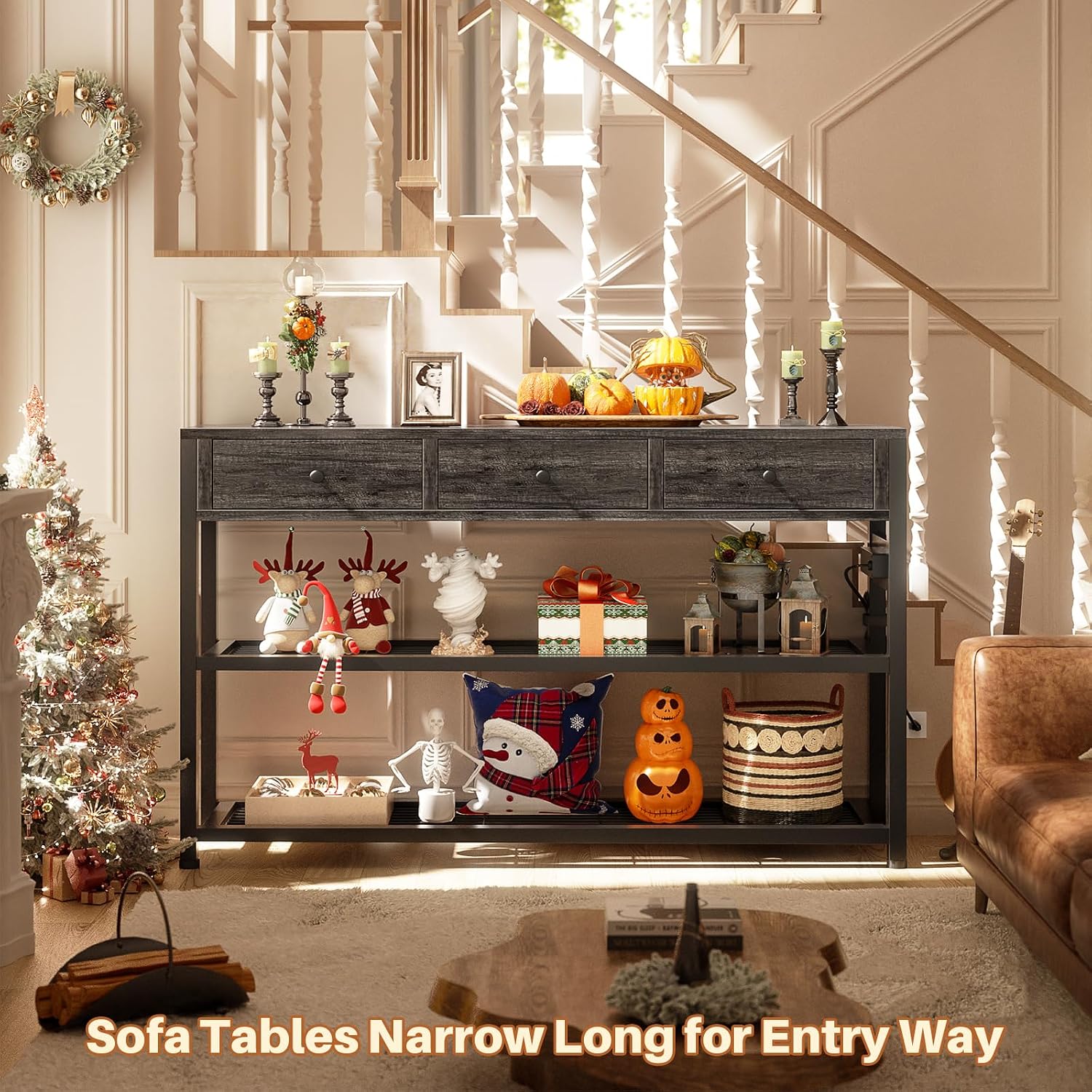 Ecoprsio Entryway Table with Power Outlets, 47" Console Table with Drawers | Sofa Tables Narrow Long, Behind Couch Table Entry Way Table with Shelves Storage for Living Room, Hallway, Grey Oak