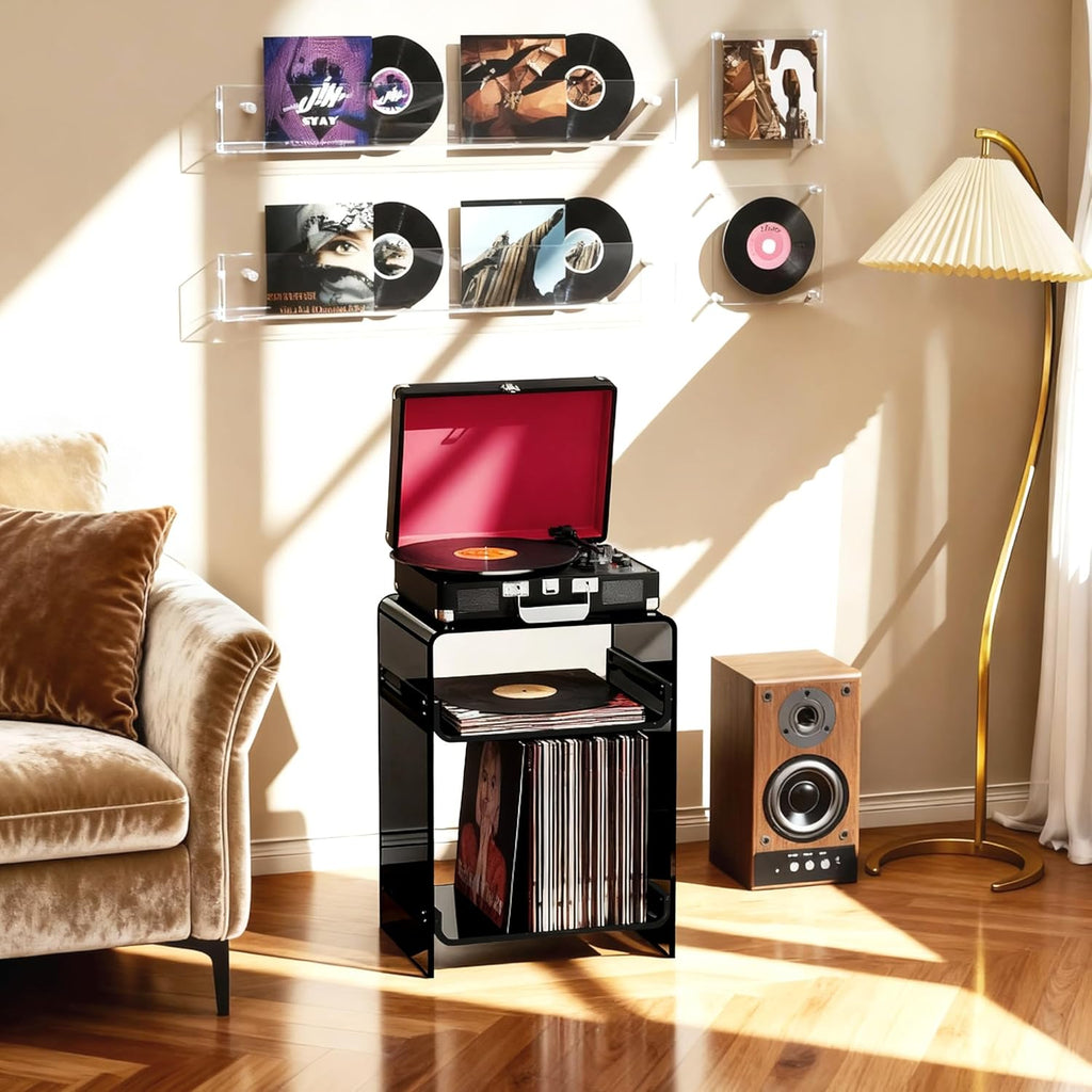 Acrylic Record Player Table with Storage Shelf, Clear Side Table Nightstand (Black, Medium)