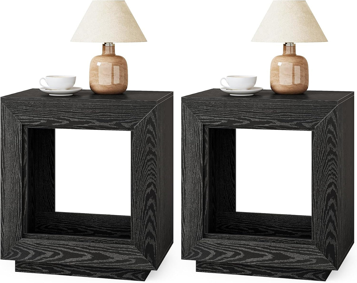 LITTLE TREE End Table with Storage, Wooden Square Side Table, Industrial Sofa Side Tables for Living Room, 2-Tier Bedside Table Nightstand for Bedroom, Chair Side Table for Small Spaces, Black