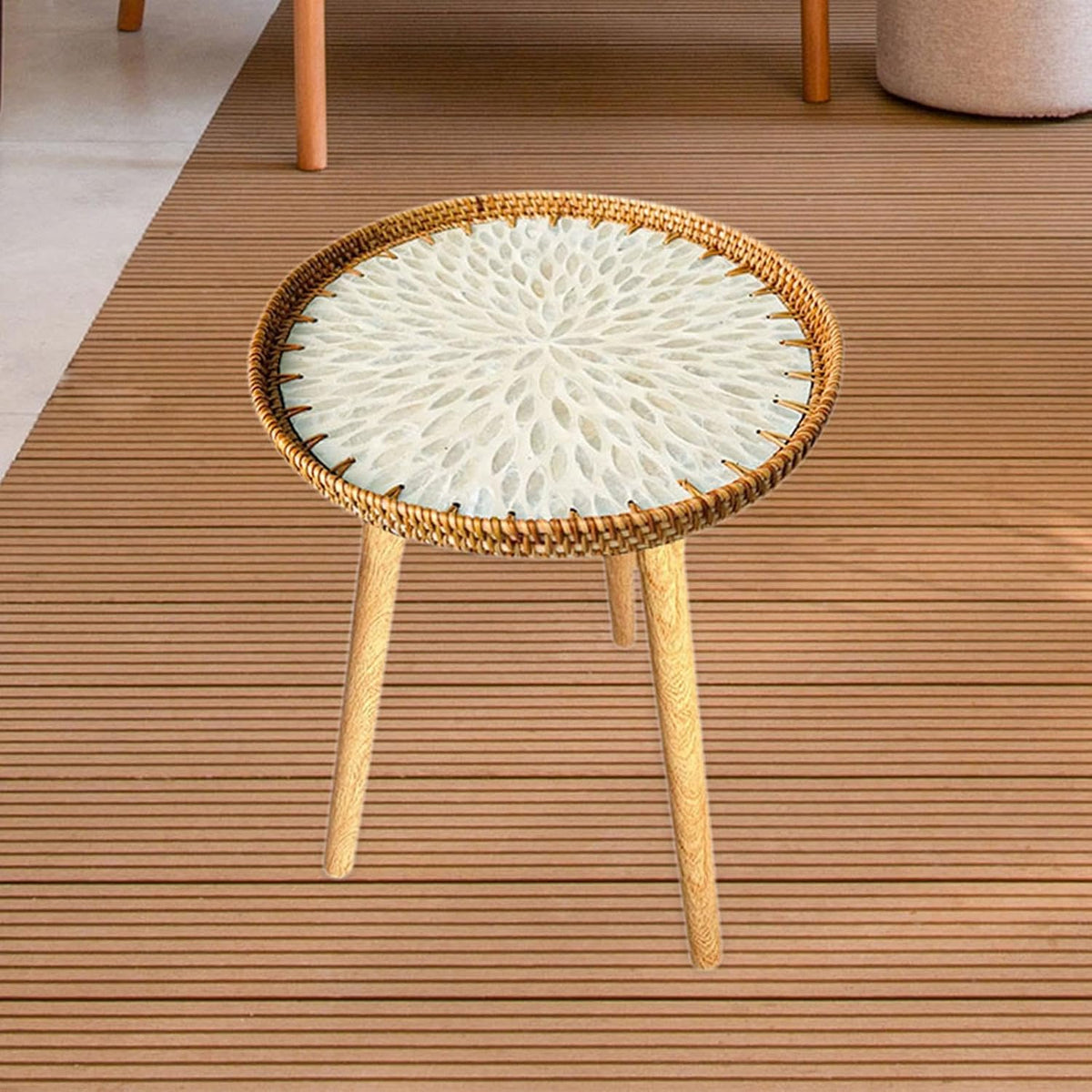 Shell Inlay Side Table, End Table, Home Decoration, Tea Table, Bedside Table for Bedroom, Garden, White Leaves 40cm