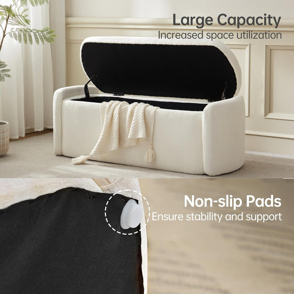 VKNOW Storage Bench, Upholstered Storage Ottoman Bench with Hinge, Cream | Ottoman Bench with Large Capacity, Curved Frame, Soft Fabric, Storage Bench for Bedroom, Living Room, Entryway