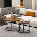 27.6" Round Nesting Coffee Table Set of 2, Rustic Wood Top & Metal Frame | Set of 2 round nesting coffee tables with metal frames and 120 lb capacity. Space-saving stacking design for living rooms