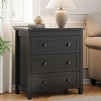 Xixini Farmhouse Nightstand with 3 Storage Drawers, 27.55" Wide Wood Bedside Table, Modern Side Table with Metal Handle, End Table for Bedroom, Black