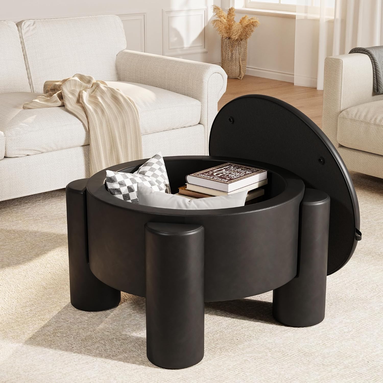 FiveWillowise Round Ottoman Coffee Table with Storage,24" Faux Leather Storage Ottomans with Removable Top,Upholstered Vanity Stool Footrest for Small Spaces,Living Room,Apartment,Black
