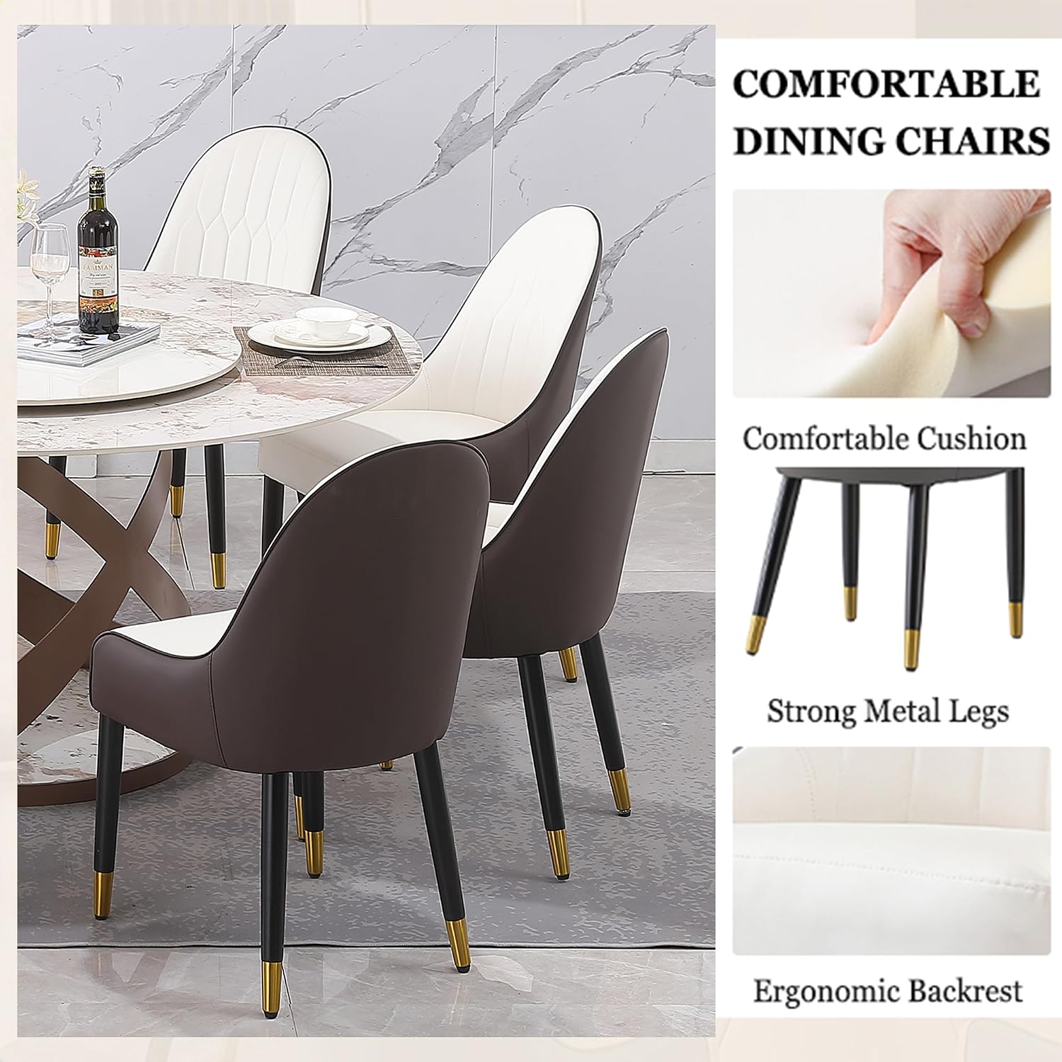 Modern Dining Chairs Set of 2, PU Cushion Accent Side Leisure Chairs with Mid Back, Upholstered Kitchen Chairs with Metal Legs for Living Room, Dining Room