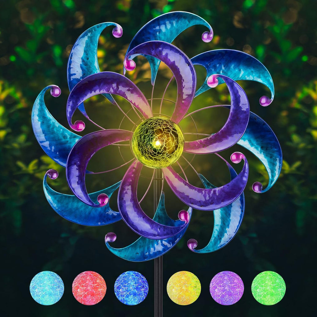 WONDER GARDEN Wind Spinners for Yard and Garden-Solar Wind Spinners - 61 Inch Blue Wind Sculptures & Spinners with LED Changing Light Glass Ball for Garden Patio Outdoor Decor