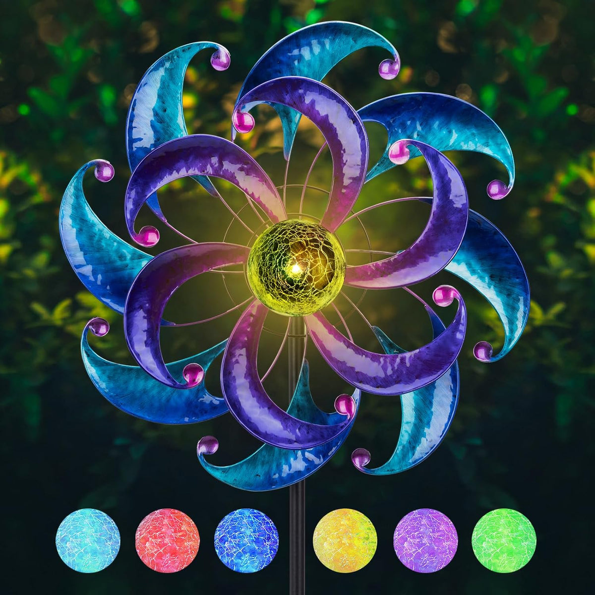 WONDER GARDEN Wind Spinners for Yard and Garden-Solar Wind Spinners - 61 Inch Blue Wind Sculptures & Spinners with LED Changing Light Glass Ball for Garden Patio Outdoor Decor