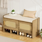 Shoe Storage Bench, 39.4" Entryway Bench with Linen Seat Cushion, 3-Tier Rattan-Style Shoe Cabinet Bench with Sliding Door, 4 Open Compartments and Adjustable Shoe Shelves, for Hallway, Natural Pecan