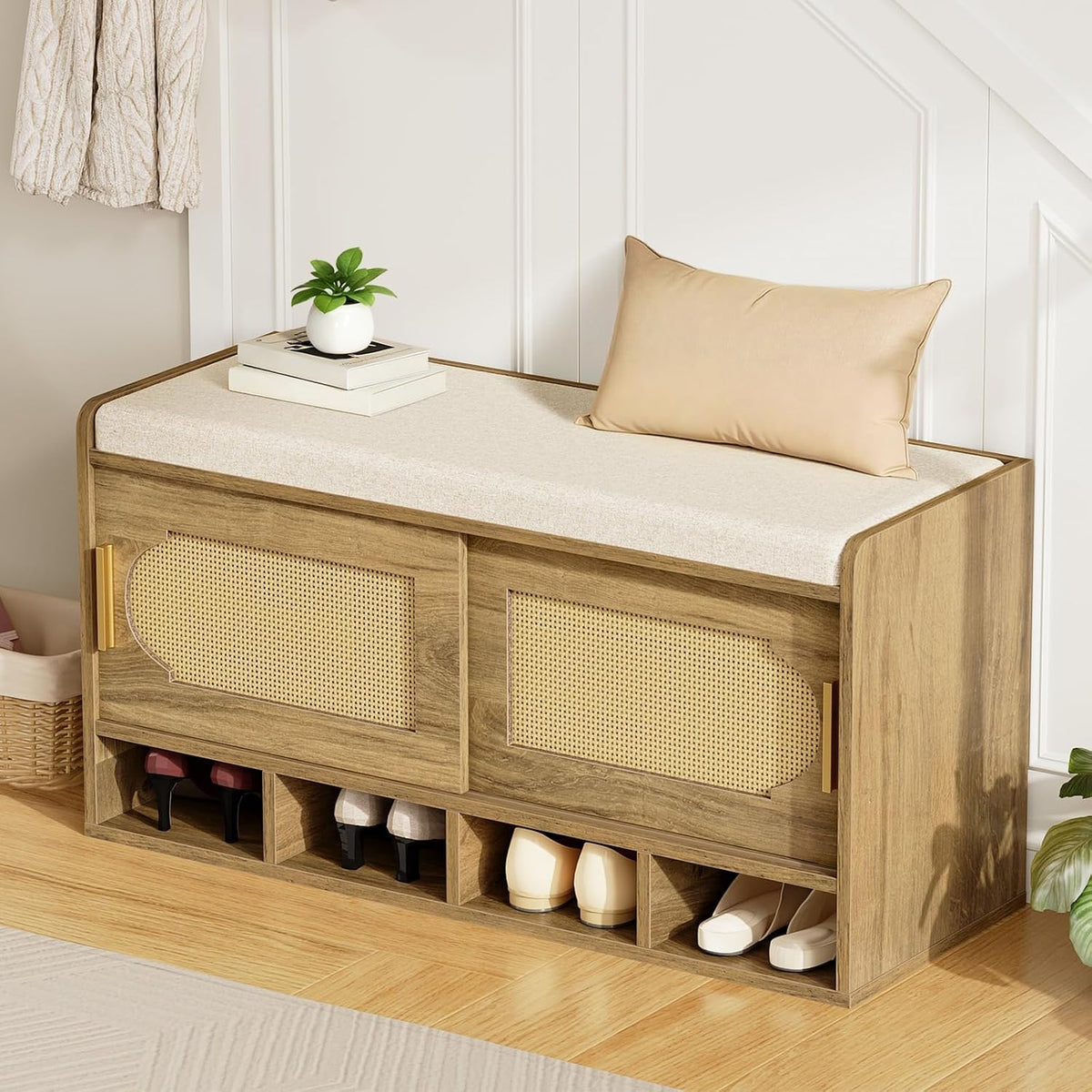 Shoe Storage Bench, 39.4" Entryway Bench with Linen Seat Cushion, 3-Tier Rattan-Style Shoe Cabinet Bench with Sliding Door, 4 Open Compartments and Adjustable Shoe Shelves, for Hallway, Natural Pecan