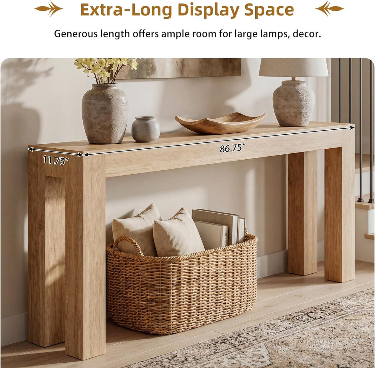 86.75" Extra Long Console Table for Entryway, Narrow Entryway Table | 11.75" Narrow Behind Couch Table, Long Tabletop, Wood Grain, Farmhouse Sofa Table for Living Room Hallway, Oak