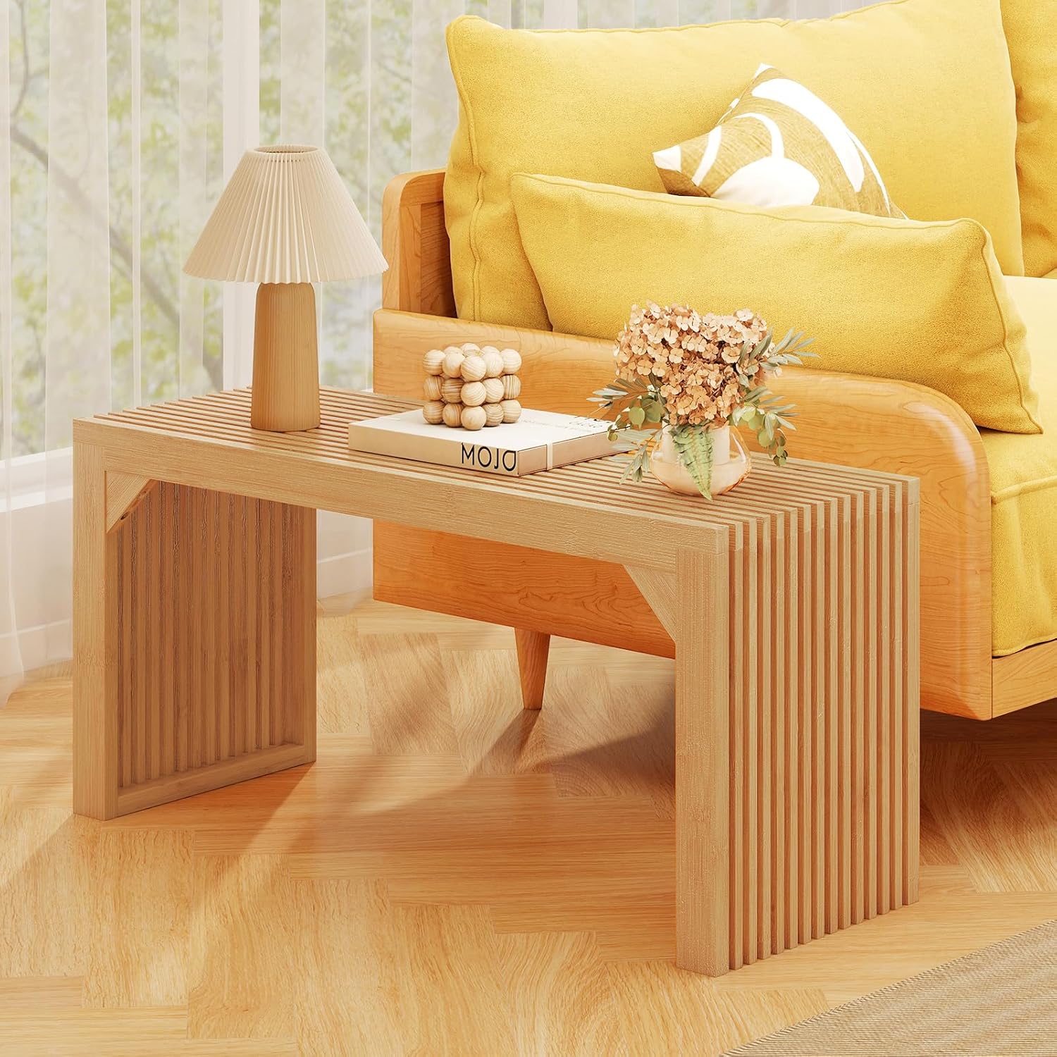 GOFLAME 36” Bamboo Dining Bench, Farmhouse Entryway Bench with Slatted Seat, End of Bed Bench, Outdoor Bench for Kitchen, Bedroom, Living Room, Hallway, 660 LBS Max Load