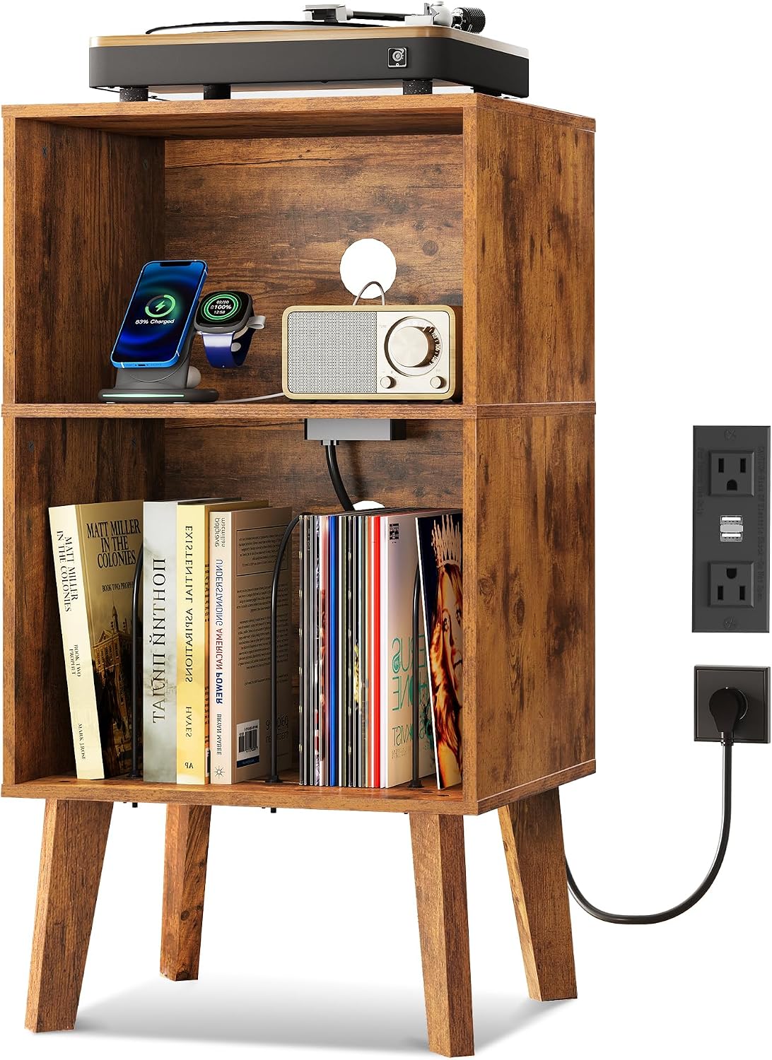 WLIVE Record Player Stand, Modern Nightstand with Storage, Small Space Bedside Table, End Table for Bedroom & Living Room, Mid Century Night Stand, Rustic Brown