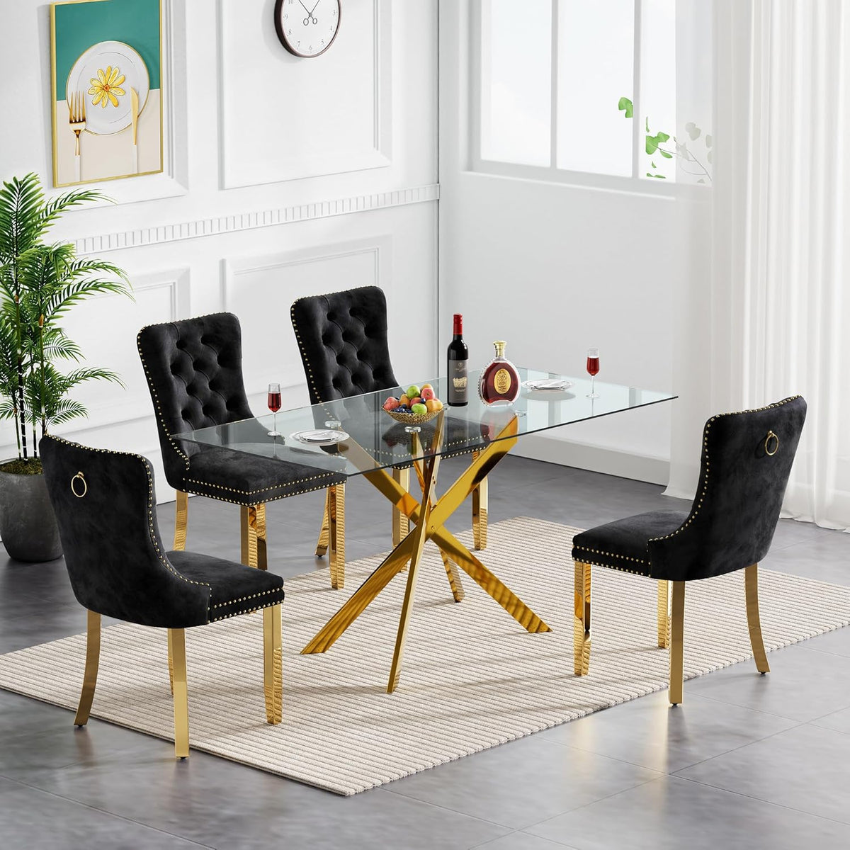 5 Piece Dining Table Set Rectanglar Glass Dining Set for 4 Modern Small Kitchen Table Set with 4 Upholstered Chairs for Apartment Dining Kitchen Room (Gold Table & Black Chair)
