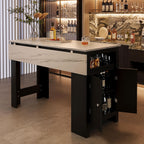 3-in-1 Dining Table with Foldable Tabletop & Marble Grain Top, Black+Walnut | 2-Door Storage Cabinet, Adjustable Shelves, Side Hooks, MDF Wood With Aluminum Handles For Kitchen & Dining Room