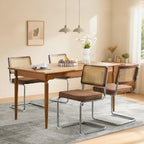 Rattan Back Linen Dining Chair Set of 4 Modern Stainless Chrome Base Armless Upholstered Side Chair for Dining Room, Kitchen Island,Coffee
