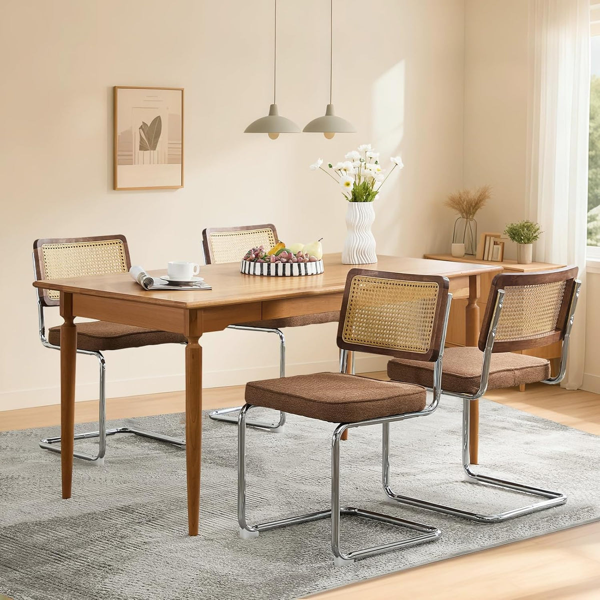 Rattan Back Linen Dining Chair Set of 4 Modern Stainless Chrome Base Armless Upholstered Side Chair for Dining Room, Kitchen Island,Coffee