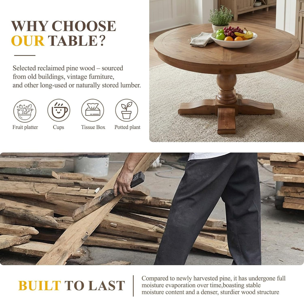 60" Round Dining Table, Reclaimed Wood Kitchen Table for 6-8, Farmhouse Circle Kitchen Table with Pedestal Curved Leg for Kitchen Dining Room Restaurant - Walnut