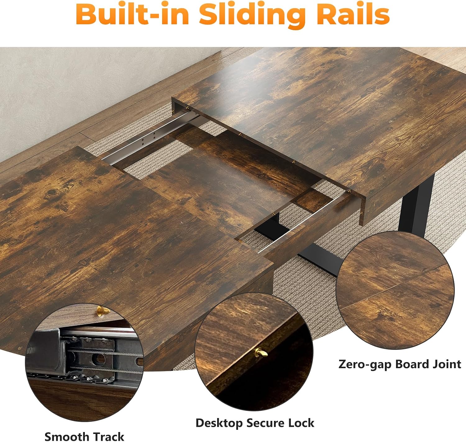 Zevemomo 63"-78.7" Rectangular Extendable Dining Table, 6-8 Extendable Dining Table, Conference Table, Kitchen Table with Slide Track, Tapered U-Shaped Wood Legs for Office, Living Room-Rustic Brown
