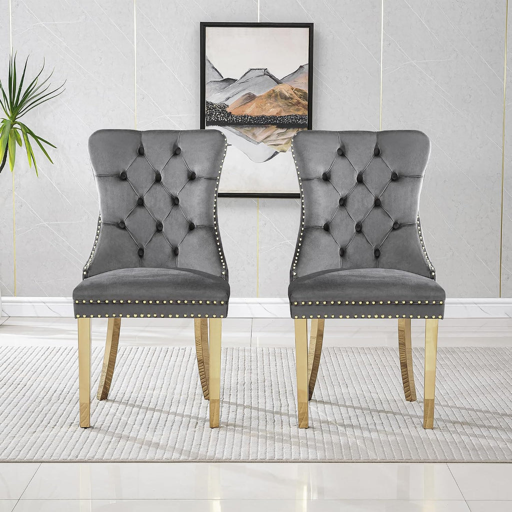 Grey Velvet Dining Chairs Set of 4, Mid Century Modern Kitchen & Dining Room Chairs, Fabric Tufted Dinning Chairs, Velvet Upholstered, Wing Back, Pull Ring, Stainless Steel Legs, Gold