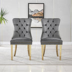 Grey Velvet Dining Chairs Set of 4, Mid Century Modern Kitchen & Dining Room Chairs, Fabric Tufted Dinning Chairs, Velvet Upholstered, Wing Back, Pull Ring, Stainless Steel Legs, Gold