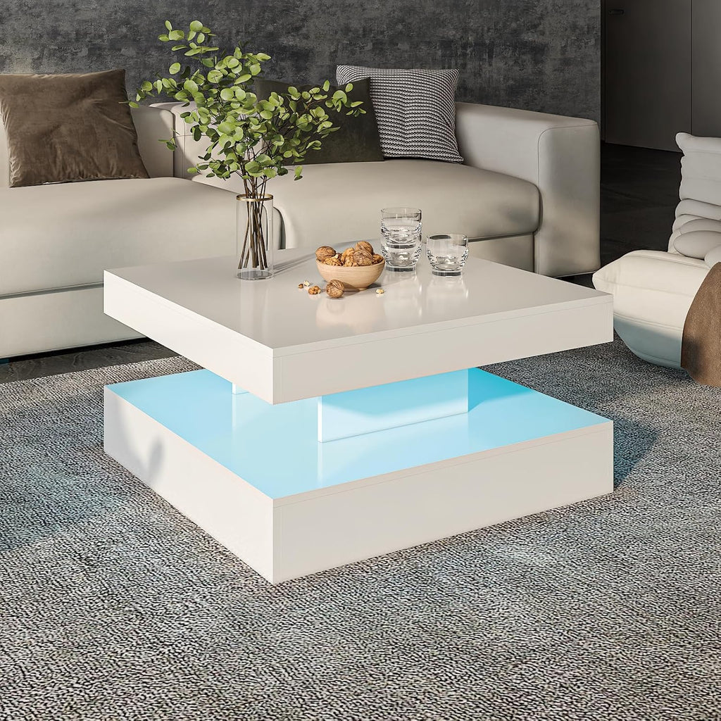 HedoAjim White LED Coffee Table for Living Room, 2-Tier Square Center Table Living Room Table, Modern High Glossy Contemporary Wood Coffee Tables with Storage, Suitable for Dining Reception