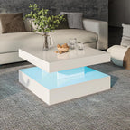 HedoAjim White LED Coffee Table for Living Room, 2-Tier Square Center Table Living Room Table, Modern High Glossy Contemporary Wood Coffee Tables with Storage, Suitable for Dining Reception