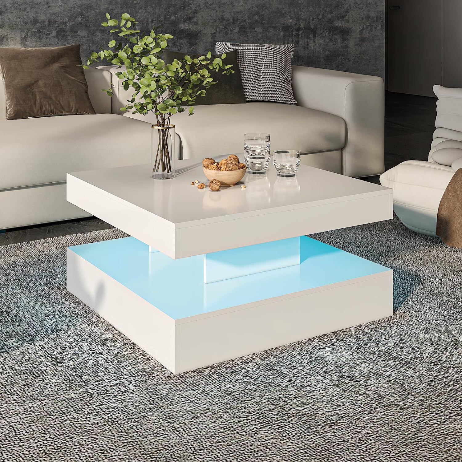 HedoAjim White LED Coffee Table for Living Room, 2-Tier Square Center Table Living Room Table, Modern High Glossy Contemporary Wood Coffee Tables with Storage, Suitable for Dining Reception
