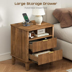 Night Stand Set of 2 with Charger Station, Fluted Nightstand with Drawers and Storage Shelf, Mid Century Modern Bedside Table Nightstands, Large Bed Side Table Wood Night Stands for Bedroom