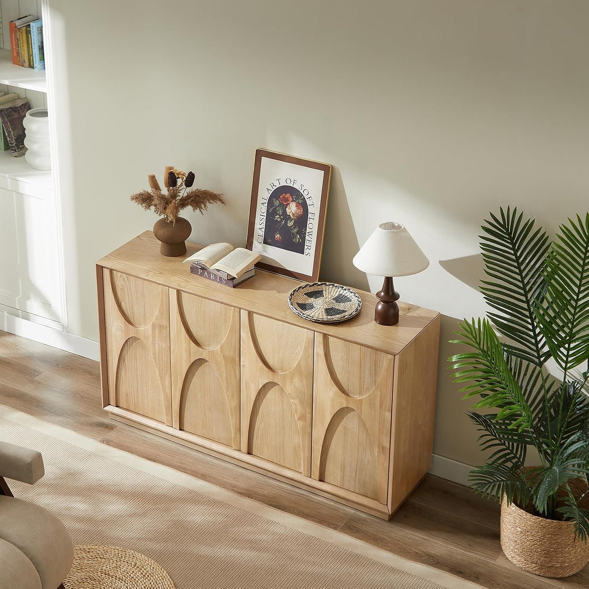 LKTART 59" Sideboard Buffet Cabinet Retro Accent Storage Cabinet with Magnetic Door Latches Adjustable Shelf for Living Room Kitchen(Natural Oak)