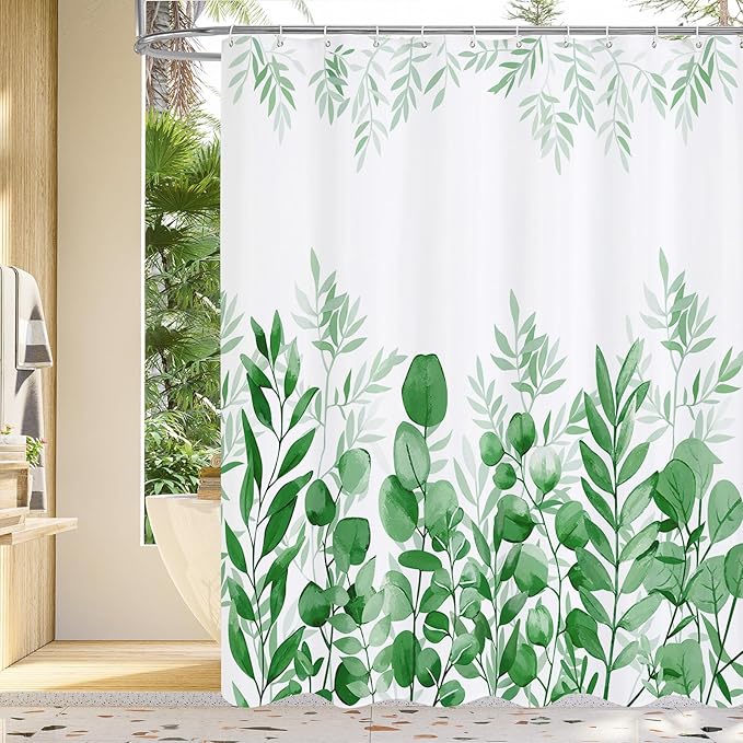 MitoVilla Emerald Green Shower Curtain, Plant Leaves Chic Fabric Shower Curtains for Rustic Vintage Bathroom Decor, Spring Modern Botanical Shower Curtain, 72x72