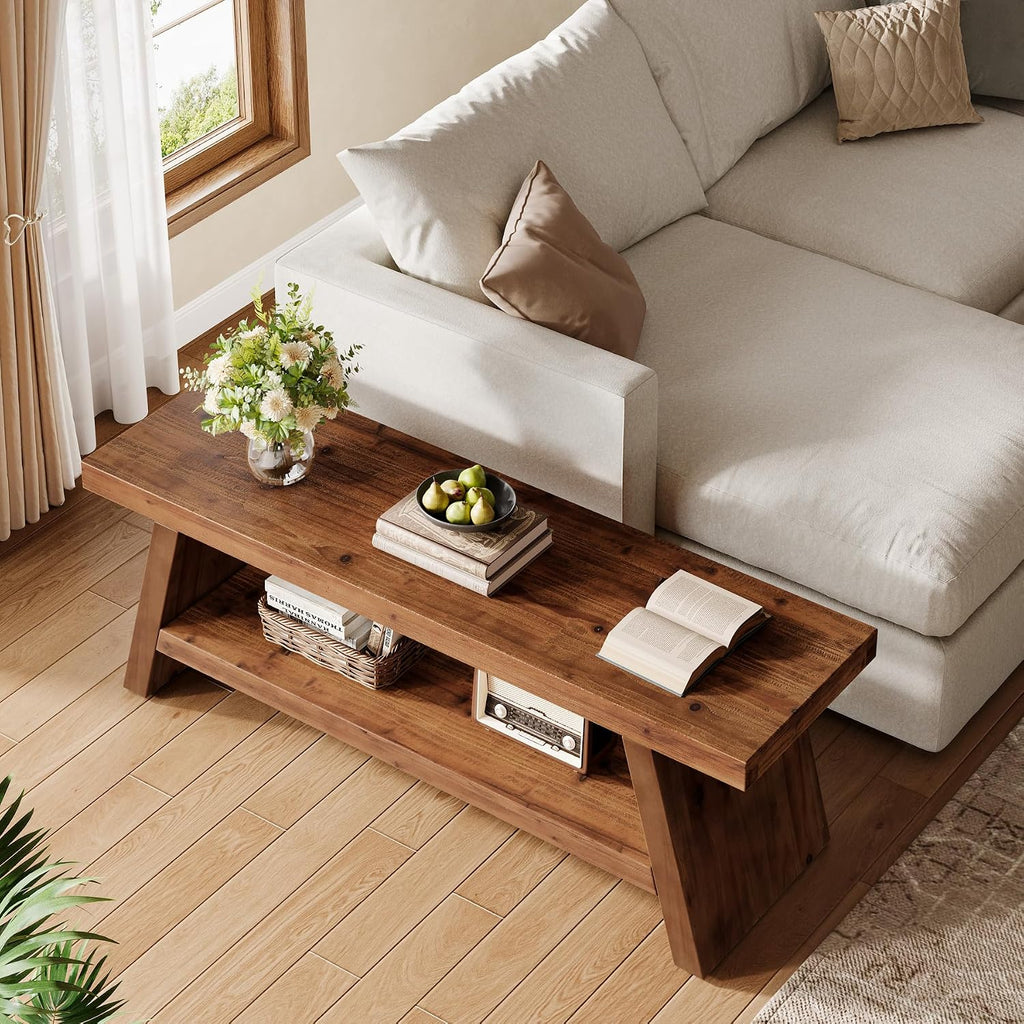 Solid Wood Entryway Bench, 2-Tier Wooden Storage Bench, Farmhouse Indoor Shoe Bench Seat for Entry, Living Room, Dining Room, Bedroom (Brown)