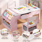 5-in-1 Kids Art Table and Chairs Set, Convertible Toddler Table and Chair Set with Art Easel, Paper Roll Holder, Storage Drawers and Craft Play Desk, Wooden Activity Learning Table for Kids, Pink