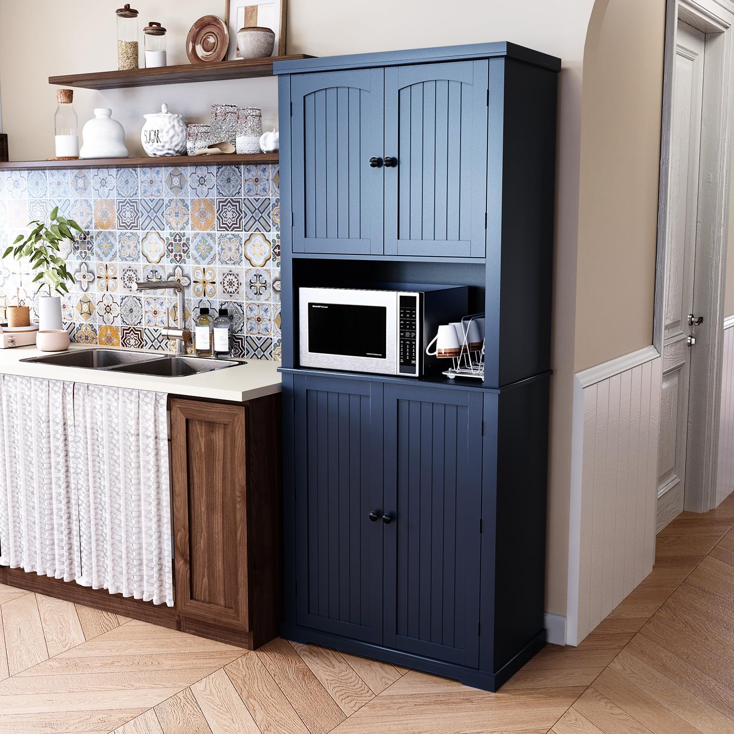HLR 72" Freestanding Beadboard Pantry Cabinet with Microwave Shelf | Multi‑Purpose Tall Microwave Stand with Storage, Space‑Saving Design Cabinet for Kitchen or Living Room, Navy Blue