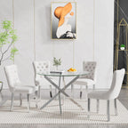 Glass Dining Table Set for 4, Modern 36" Round Kitchen Table with 4 Velvet Dining Chairs and Silver Cross Metal Legs, Modern Circle Dinner Table Set, 5 Piece Dining Set for Kitchen
