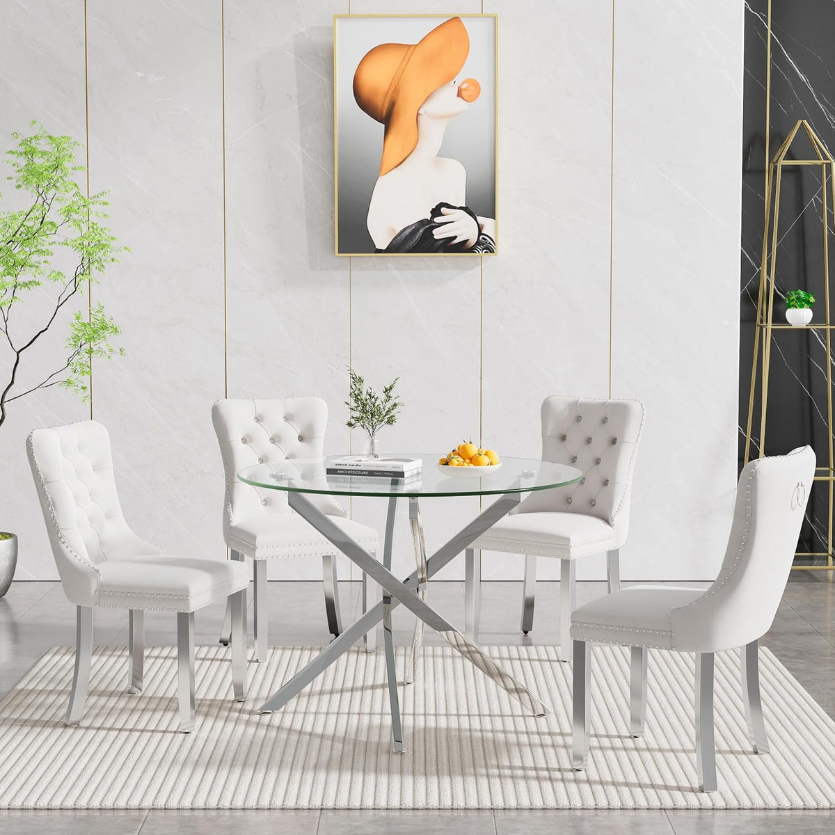 Glass Dining Table Set for 4, Modern 36" Round Kitchen Table with 4 Velvet Dining Chairs and Silver Cross Metal Legs, Modern Circle Dinner Table Set, 5 Piece Dining Set for Kitchen