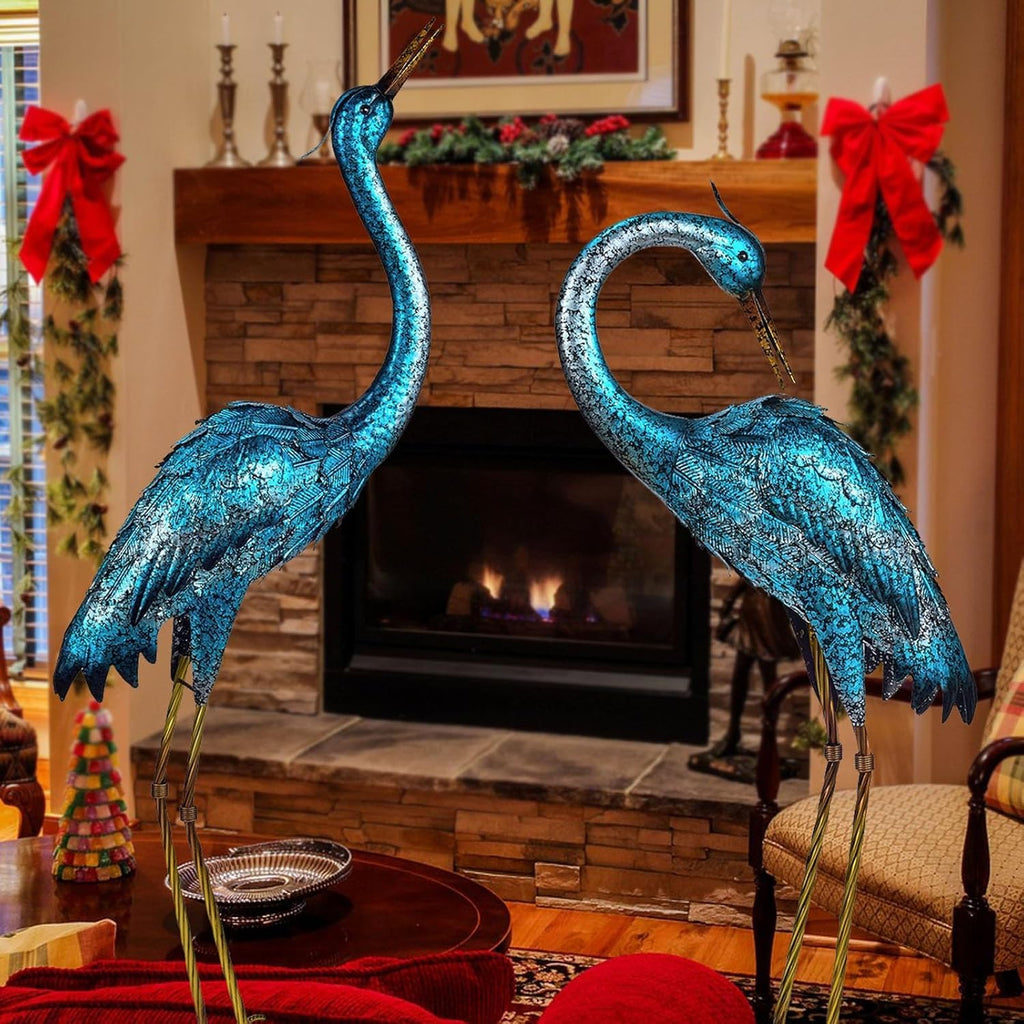 Kircust Garden Sculpture & Statues, Blue Heron Lawn Ornaments Standing Metal Crane Yard Art Large Size Bird Decoy for Outdoor Lawn Backyard Porch Patio Decoration, Set of 2