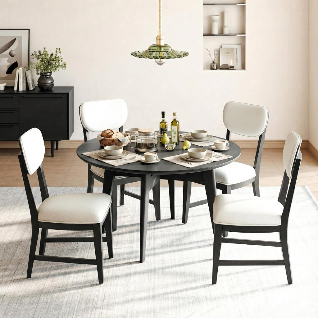 COLAMY Solid Wood Dining Chairs Set of 4, Mid Century Modern Upholstered Kitchen Chairs with 3.3" Thick Cushion, Farmhouse Dining Room Chairs with Level Legs & Wire-Brushed Finish, Black