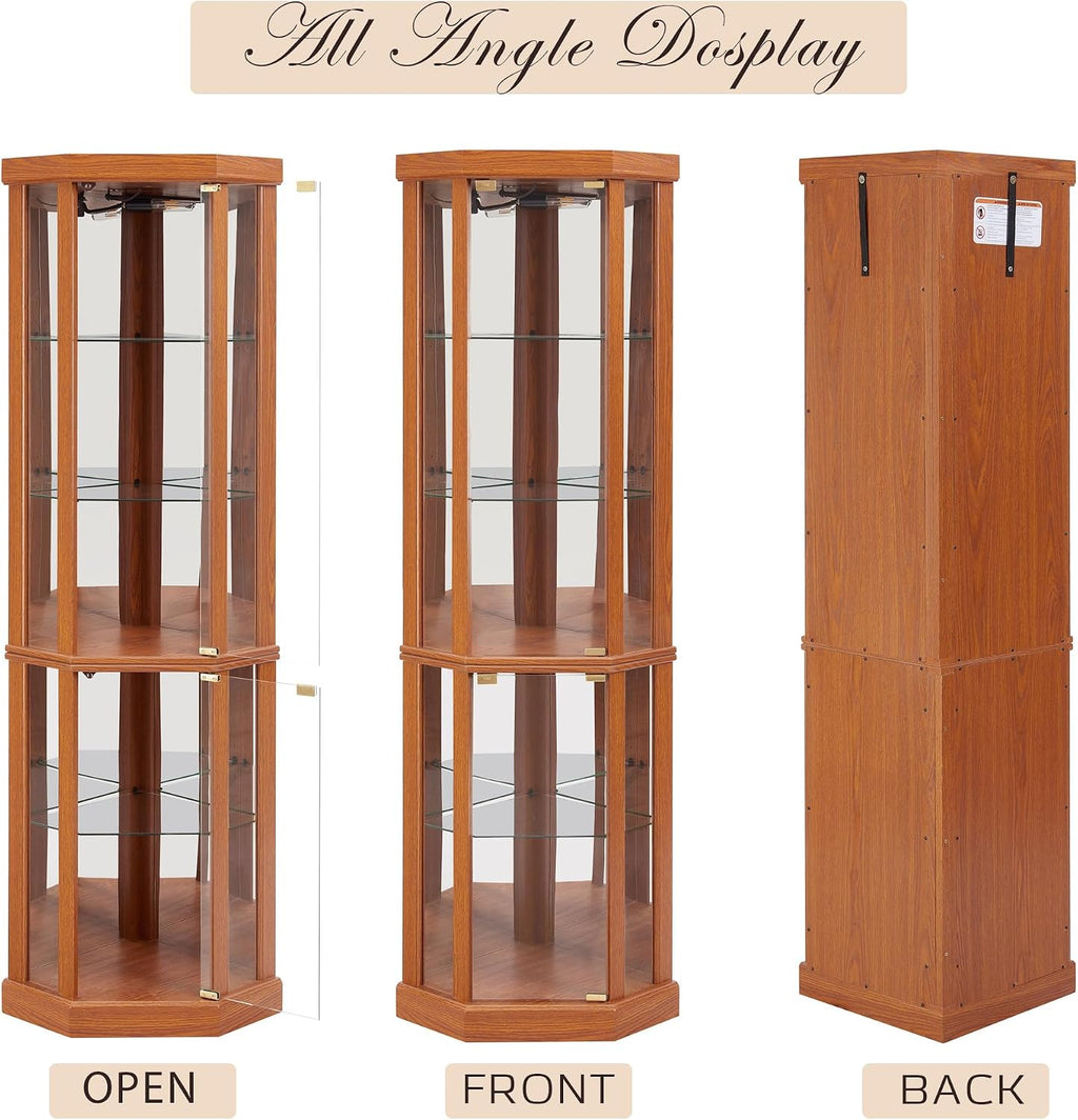 70" H Lighted Corner Curio Cabinet, Glass Display Cage with Tempered Glass Doors and 5 Adjustable Shelves, Wine Cabinet Storage Rack for Bar and Liquor Storage (Dark Oak)